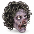 Masque de zombie violet avec yeux globuleux, dents apparentes et perruque noire aux reflets verts