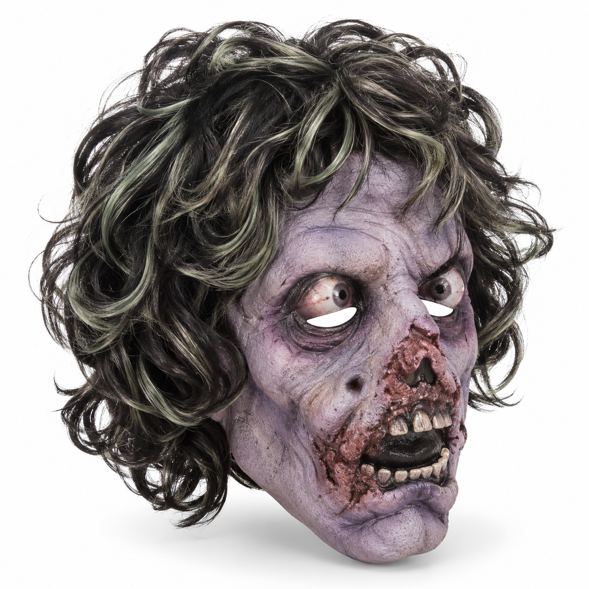 Masque de zombie violet avec yeux globuleux, dents apparentes et perruque noire aux reflets verts