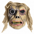 Masque de zombie cyborg beige avec œil mécanique, grilles noires et capuche en toile effilochée