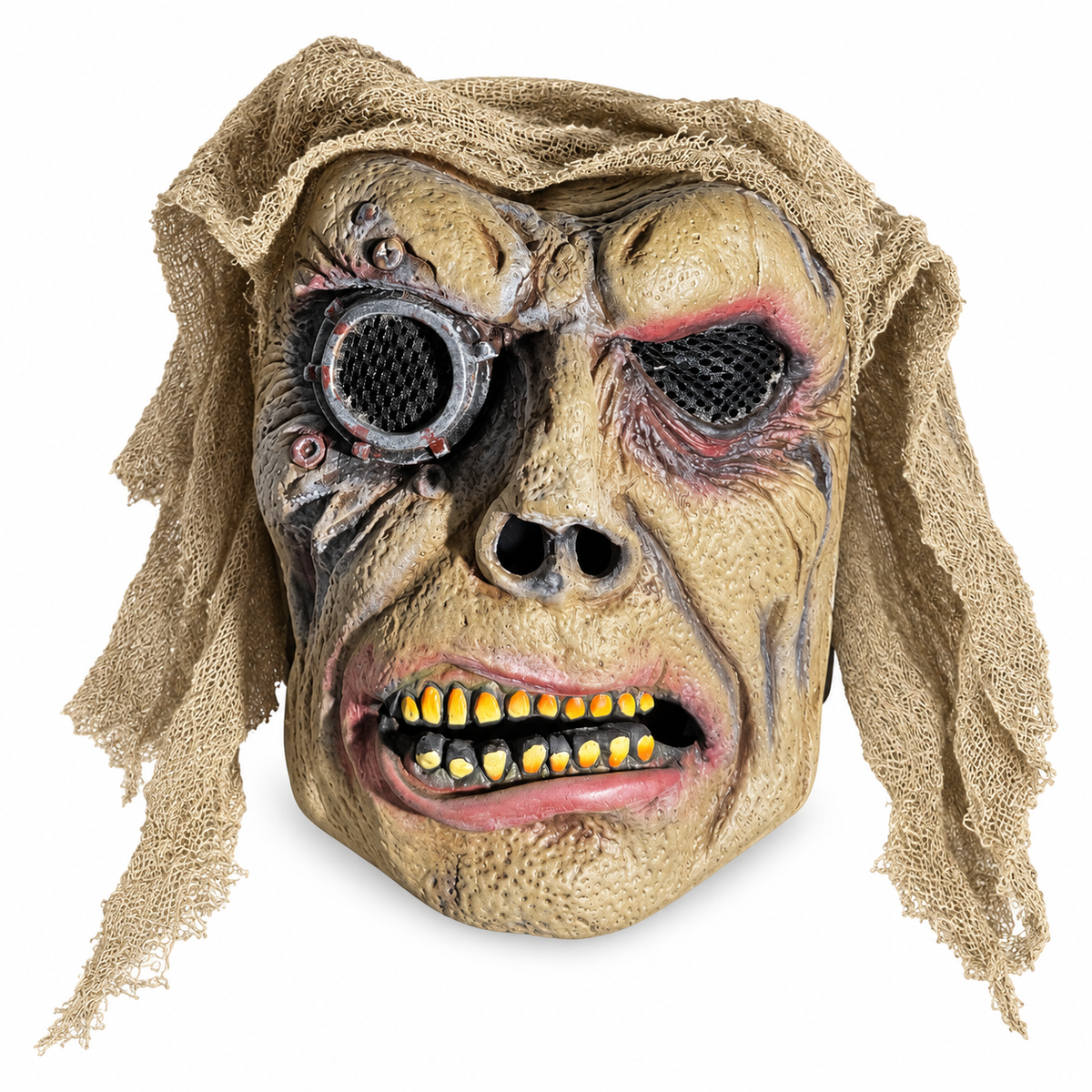 Masque de zombie cyborg beige avec œil mécanique, grilles noires et capuche en toile effilochée