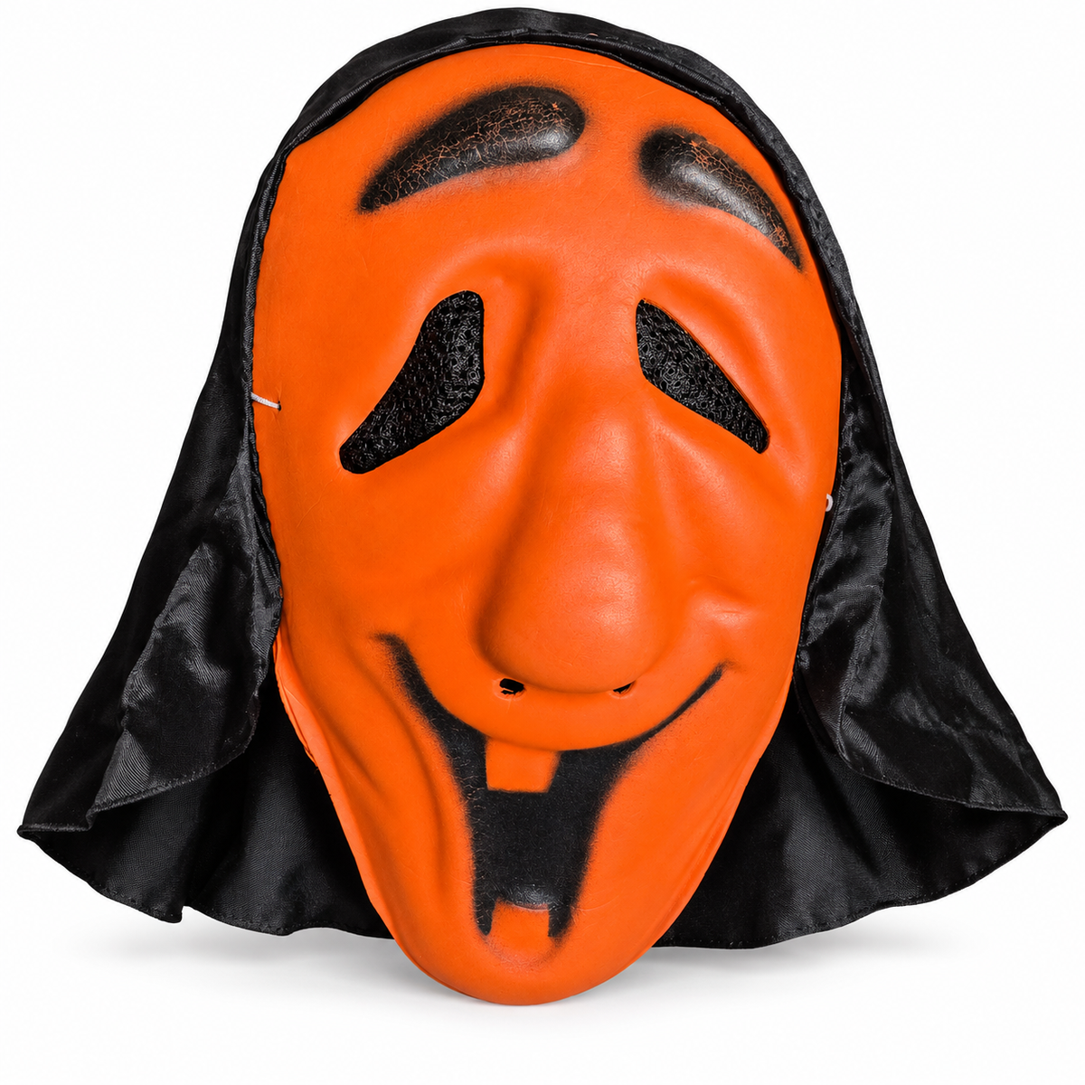 Masque orange au visage allongé avec grand sourire noir et capuche noire pour Halloween