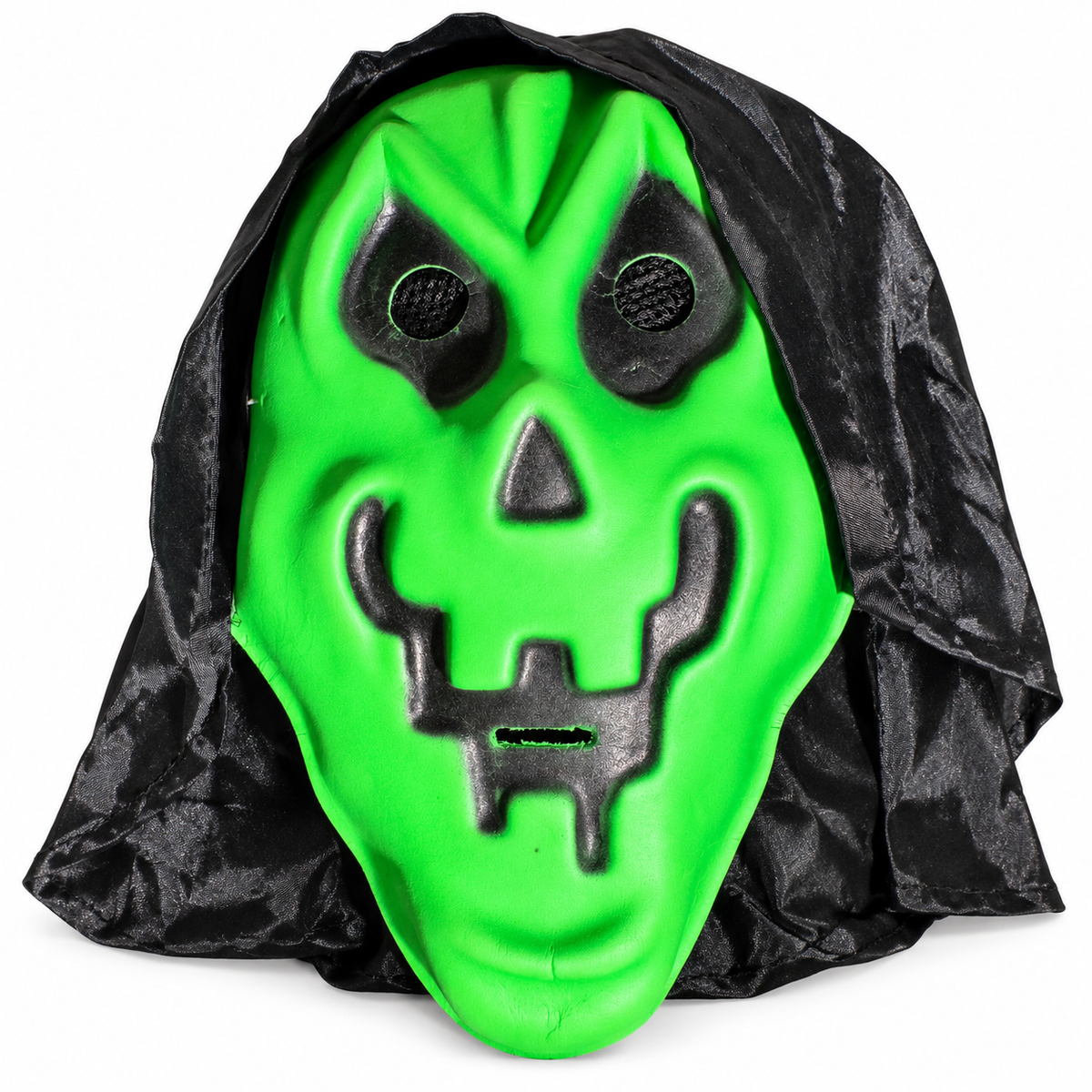 Masque tête de mort vert vif avec motifs noirs et capuche noire pour Halloween