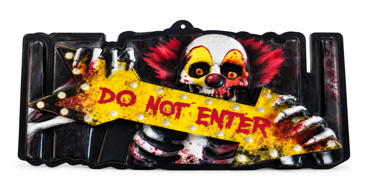 Pancarte de porte Halloween avec clown effrayant et flèche jaune portant l’inscription Do Not Enter sur fond blanc