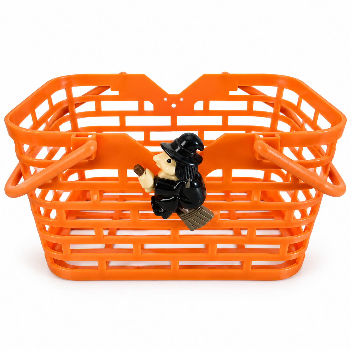 Panier à bonbons Halloween orange ajouré avec figurine de sorcière sur le devant