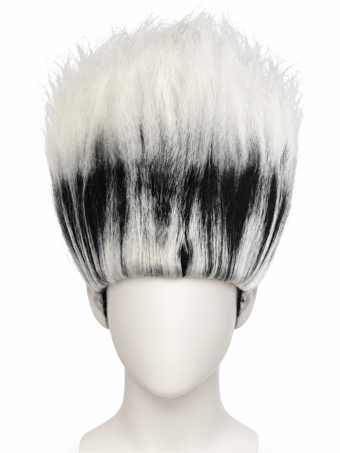 Perruque Halloween haute noire et blanche effet savant fou présentée sur une tête neutre