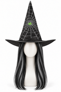Perruque longue noire et argentée avec chapeau de sorcière décoré d’une toile blanche et d’une araignée verte