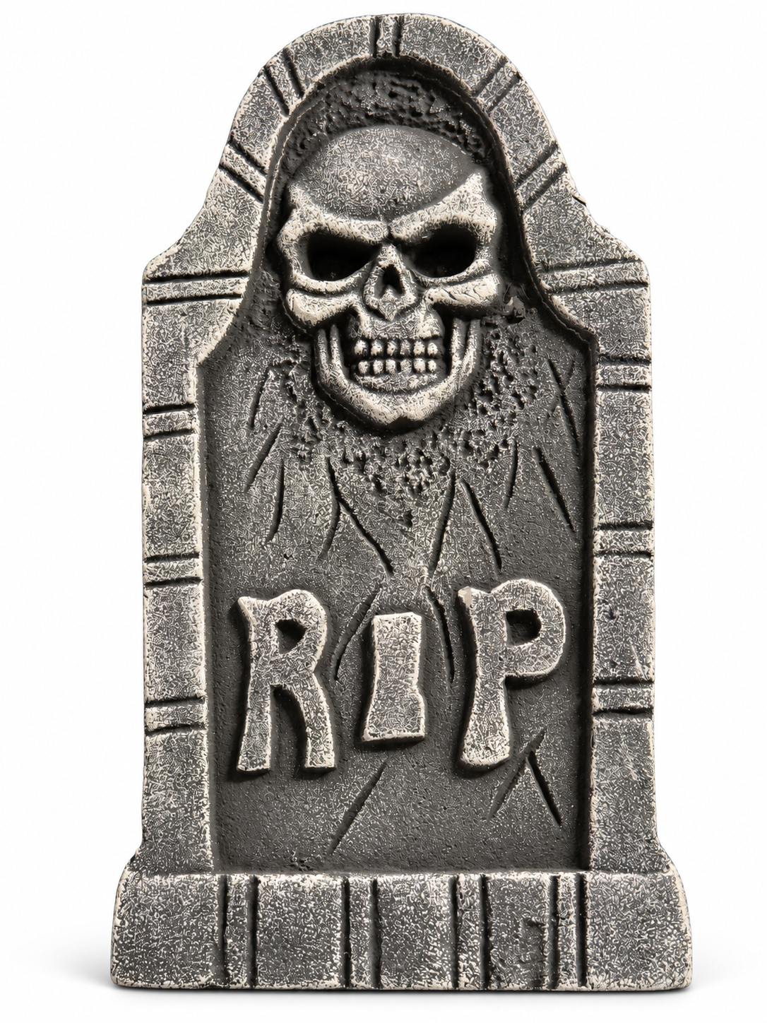 Pierre tombale grise décorative avec crâne en relief et inscription RIP pour Halloween