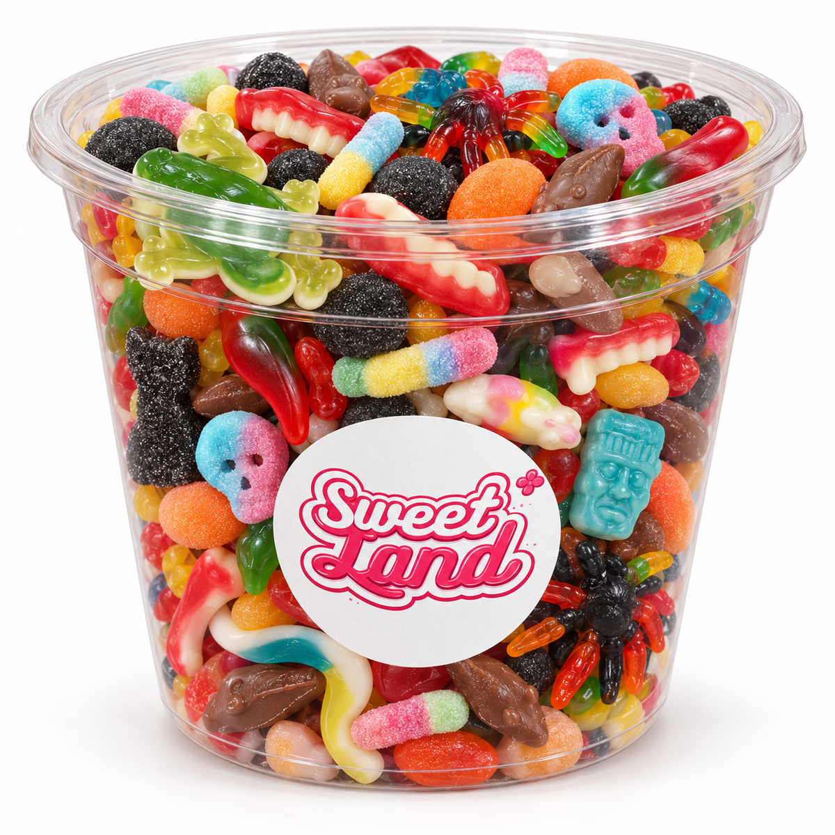 Pot transparent Sweet Land rempli de bonbons Halloween assortis en formes de crânes, araignées, dentiers, créatures et animaux