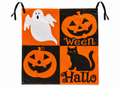 Sac à bonbons Halloween orange et noir avec fantôme, citrouilles, chat noir et deux cordons