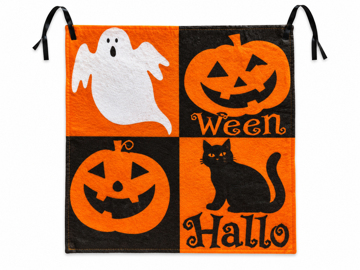 Sac à bonbons Halloween orange et noir avec fantôme, citrouilles, chat noir et deux cordons