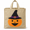 Sac à bonbons Halloween beige avec citrouille orange et chapeau de sorcière noir et violet