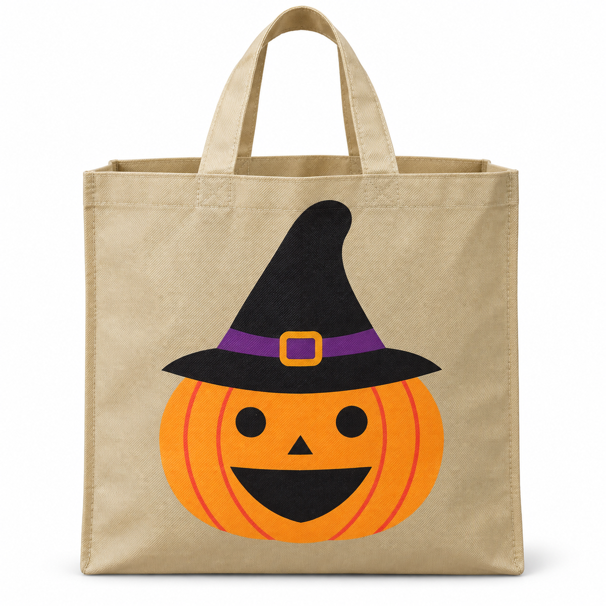 Sac à bonbons Halloween beige avec citrouille orange et chapeau de sorcière noir et violet