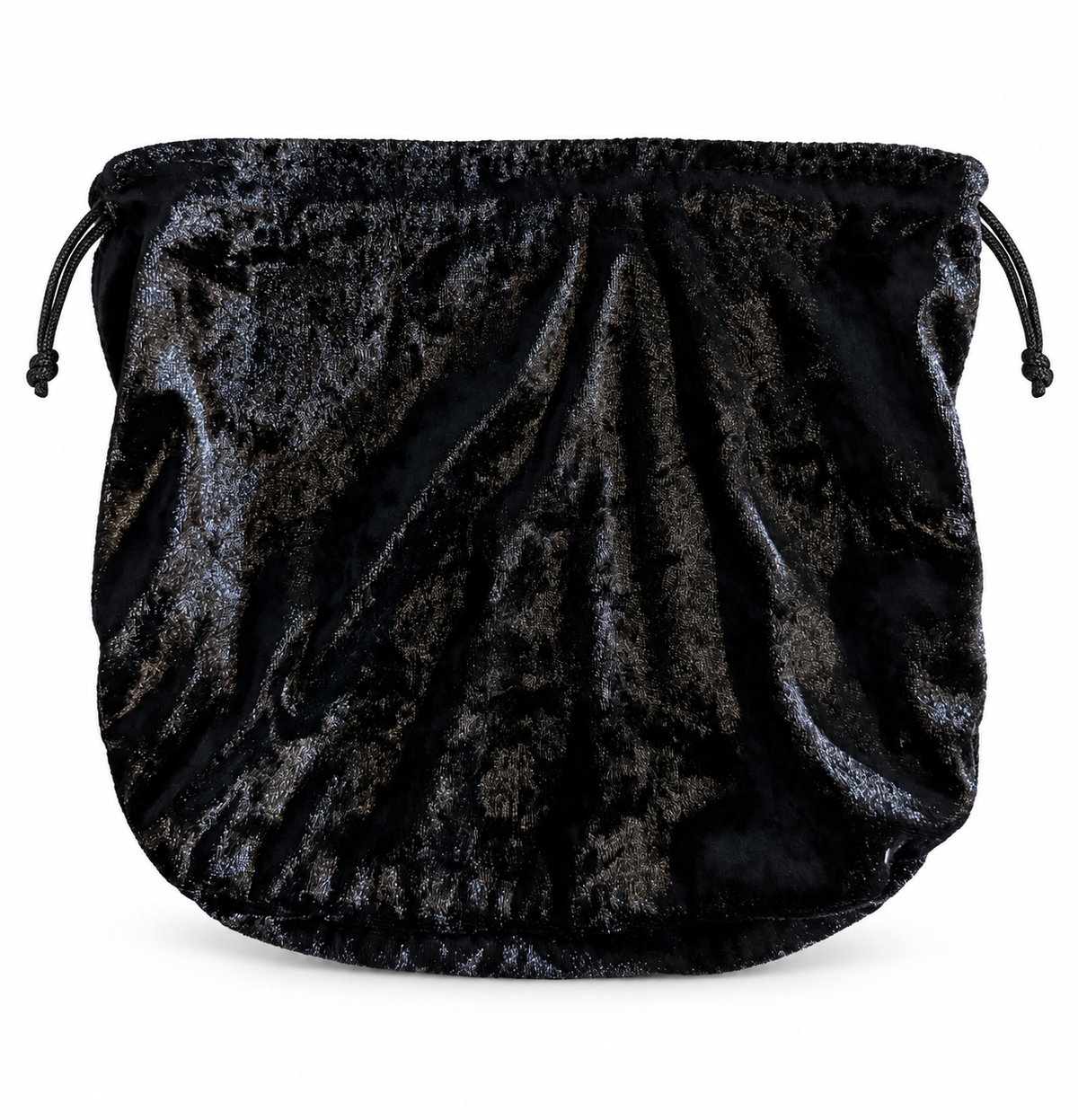 Sac noir en velours brillant avec cordons de serrage sur fond blanc