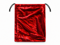 Sac rouge en velours avec cordons noirs sur fond blanc