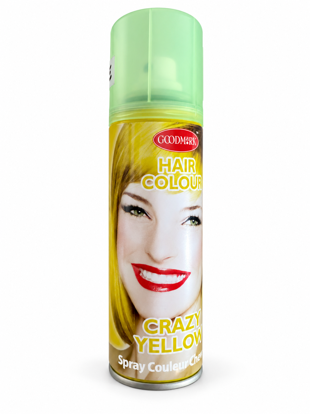 Spray colorant cheveux Crazy Yellow Goodmark avec capuchon vert sur fond blanc