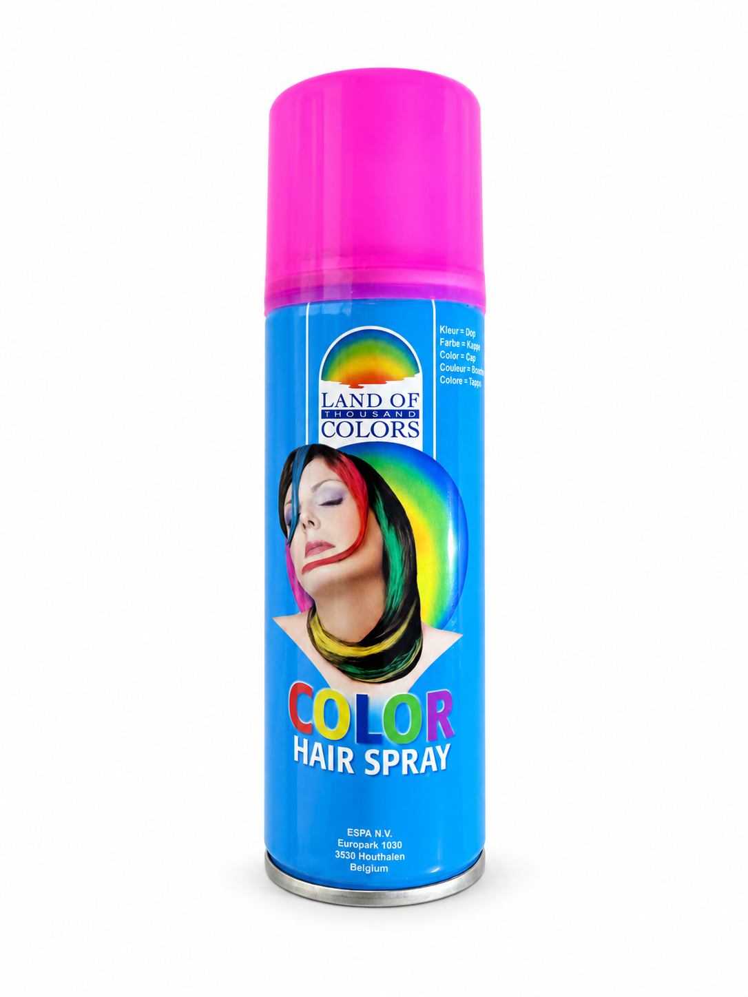 Spray colorant pour cheveux rose Land of Thousand Colors sur fond blanc