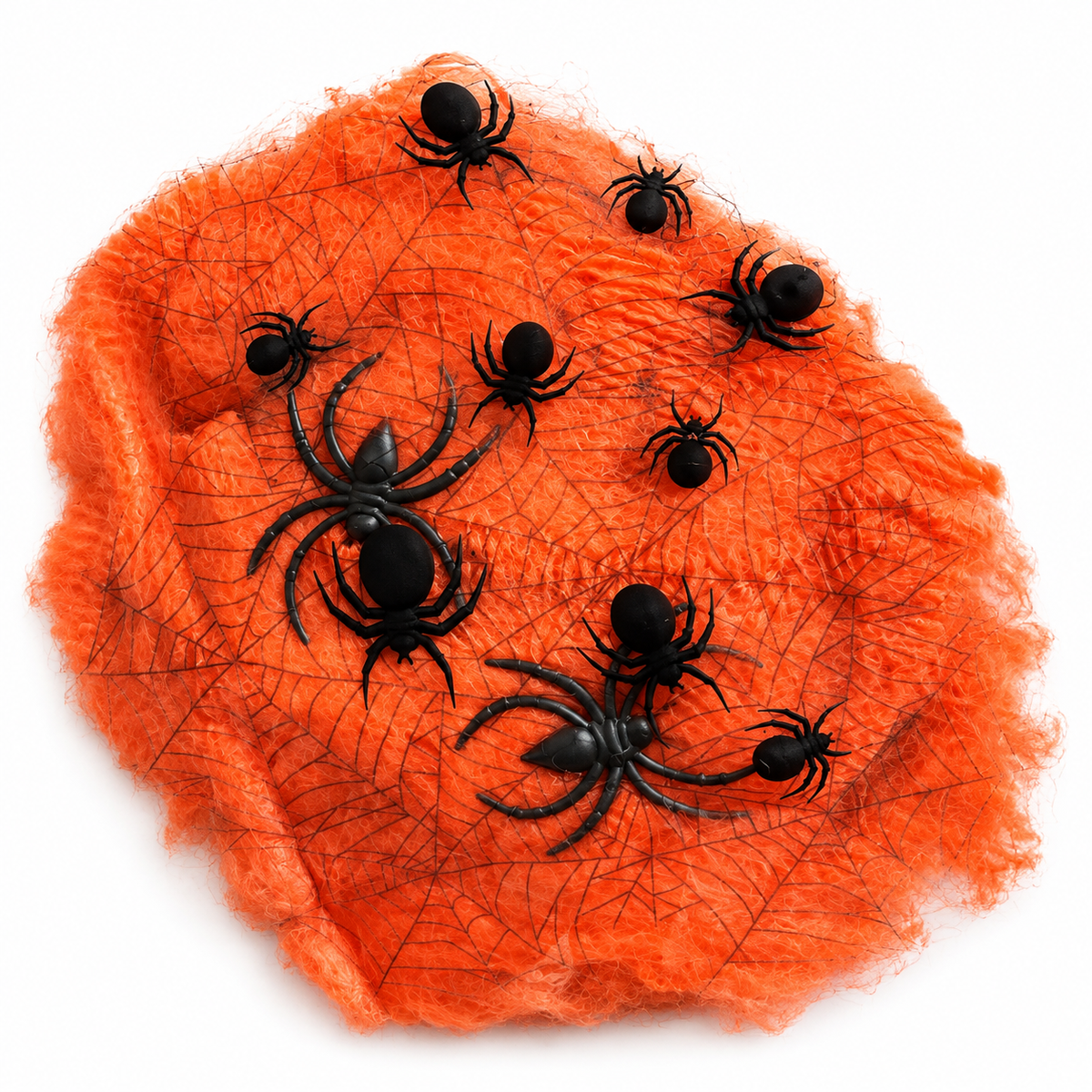 Toile d’araignée orange avec motifs noirs et plusieurs araignées décoratives pour Halloween
