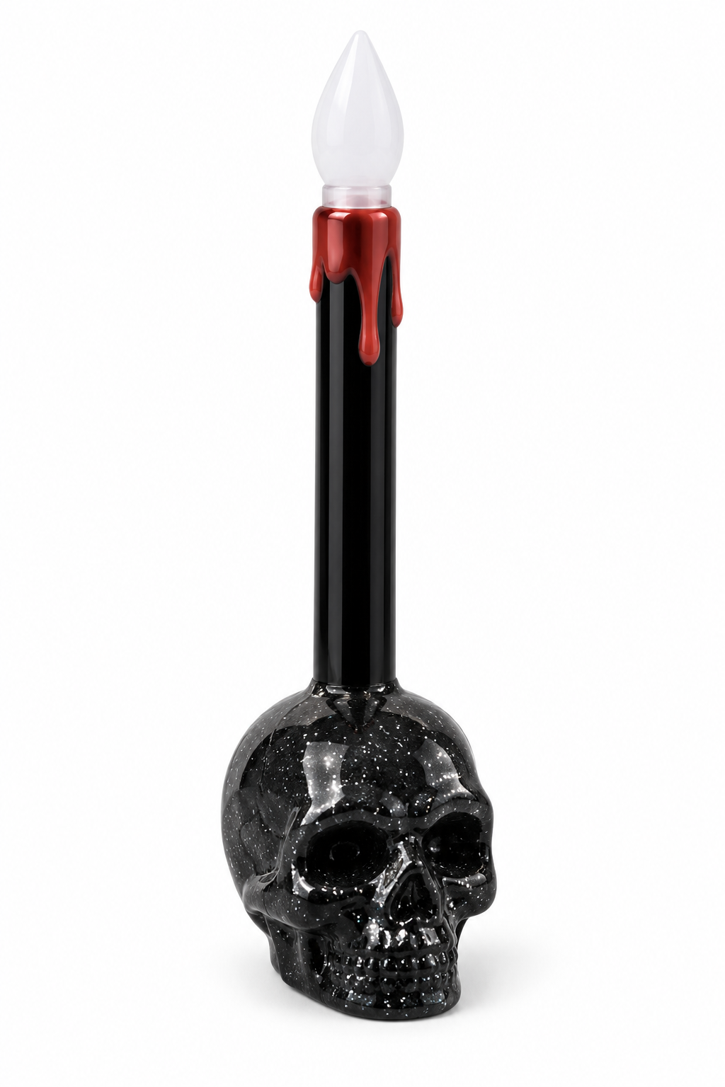 Bougie décorative Halloween noire avec tête de mort pailletée, coulures rouges et flamme blanche factice