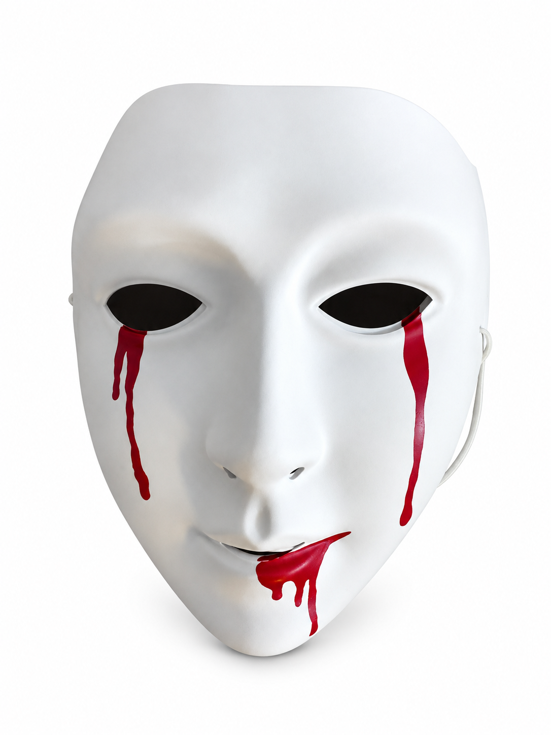 Masque blanc d’Halloween avec coulures rouges effet sang sous les yeux et la bouche sur fond blanc