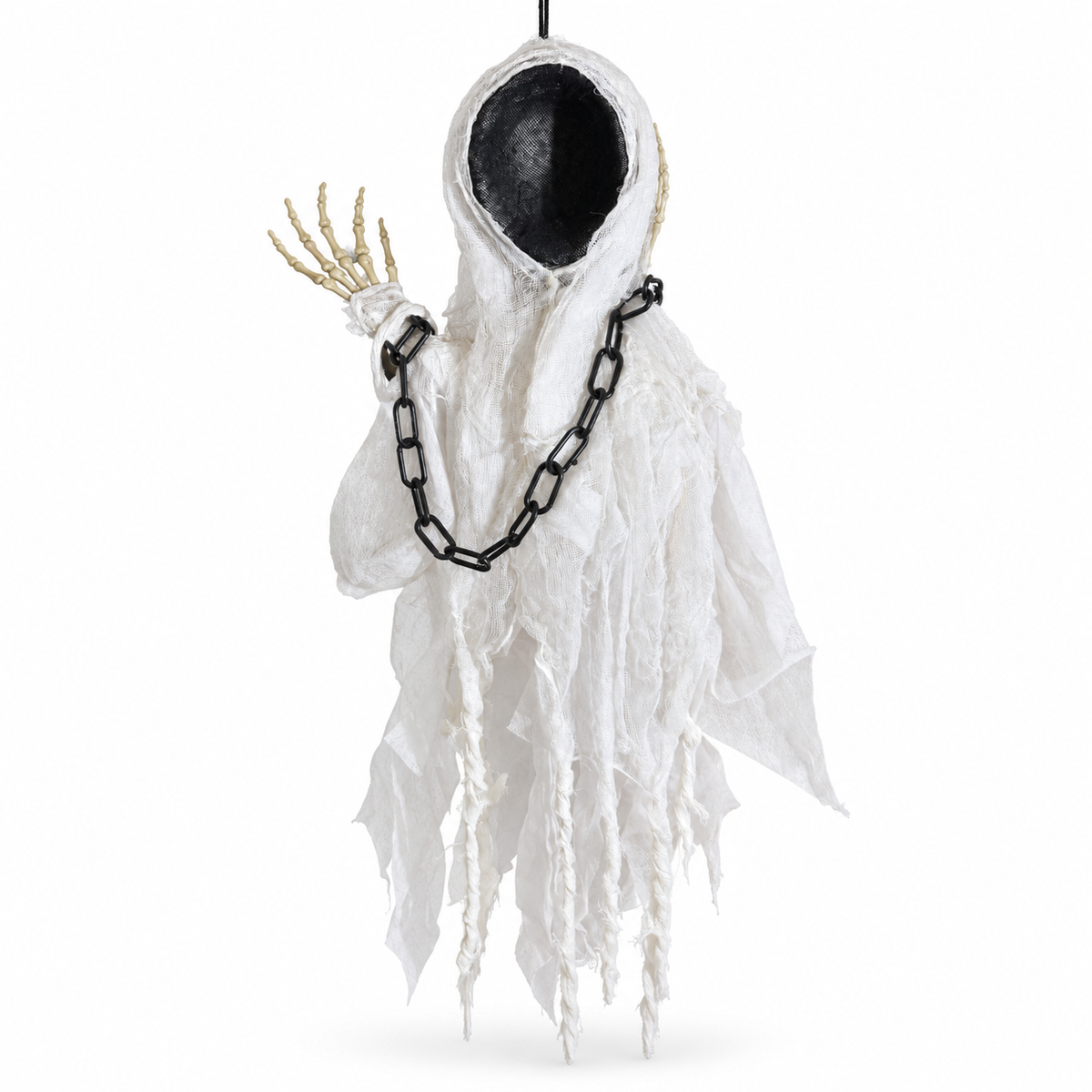 Décoration fantôme blanc suspendu avec chaîne noire et main squelette pour Halloween