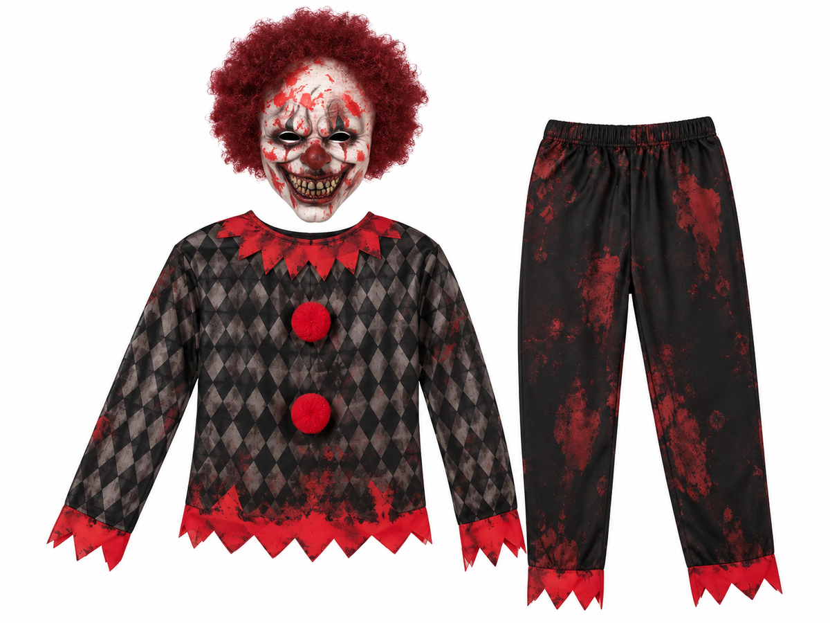 Déguisement clown zombie adulte taille L avec masque en latex, haut à losanges et pantalon noir et rouge