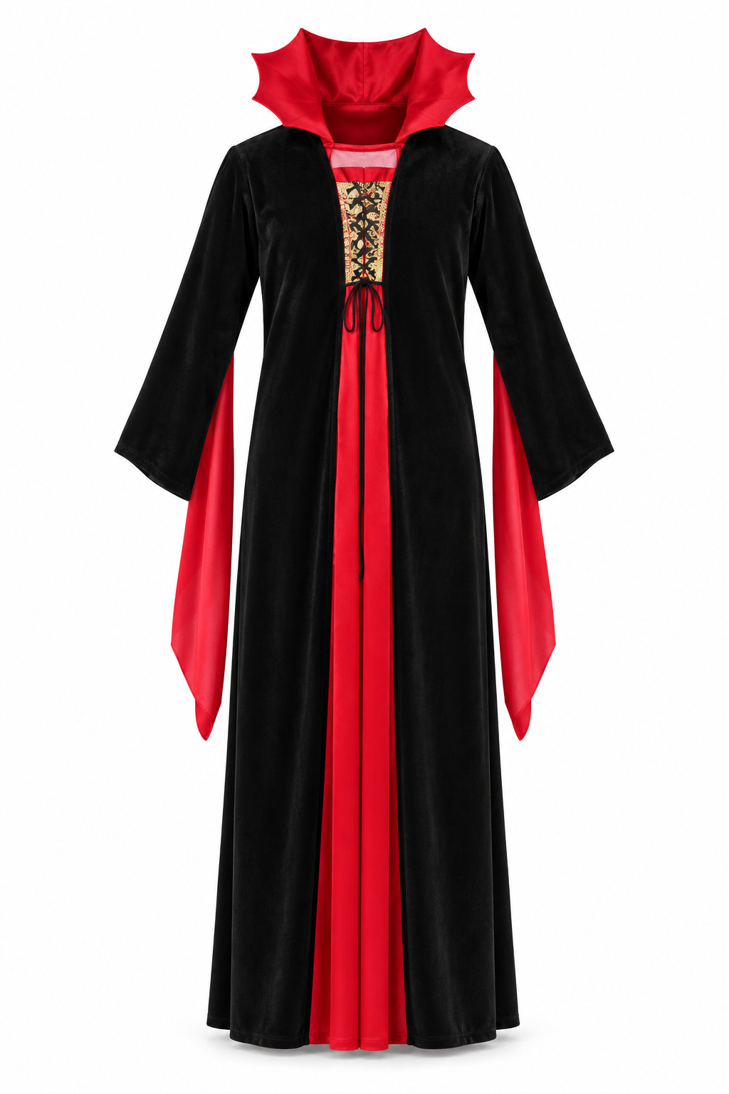 Déguisement de vampire noir et rouge pour enfant avec longue tunique et grand col taille S