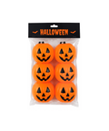 Lot de 6 mini citrouilles orange Halloween avec visages noirs, emballées dans un sachet transparent sur fond blanc.