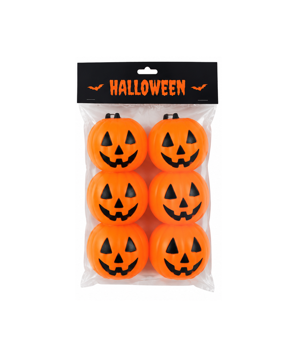 Lot de 6 mini citrouilles orange Halloween avec visages noirs, emballées dans un sachet transparent sur fond blanc.