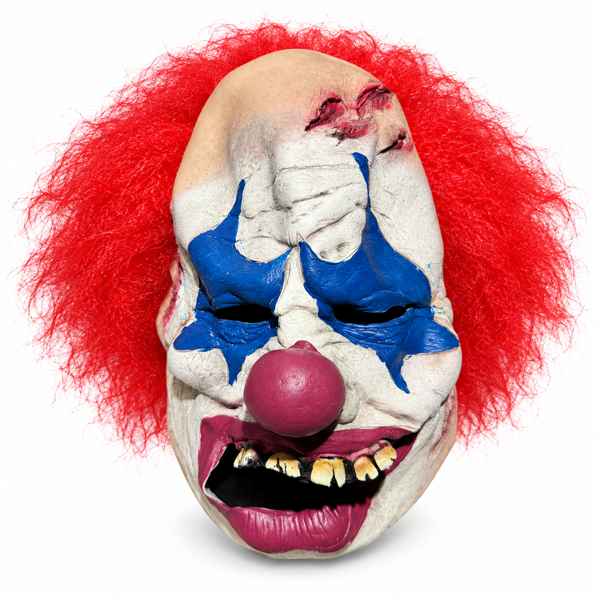 Masque de clown effrayant Jadéo avec maquillage bleu, nez violet et dents jaunies