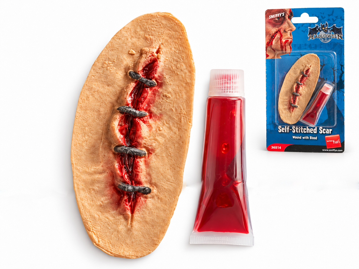 Prothèse de fausse cicatrice avec points de suture et tube de faux sang Smiffys