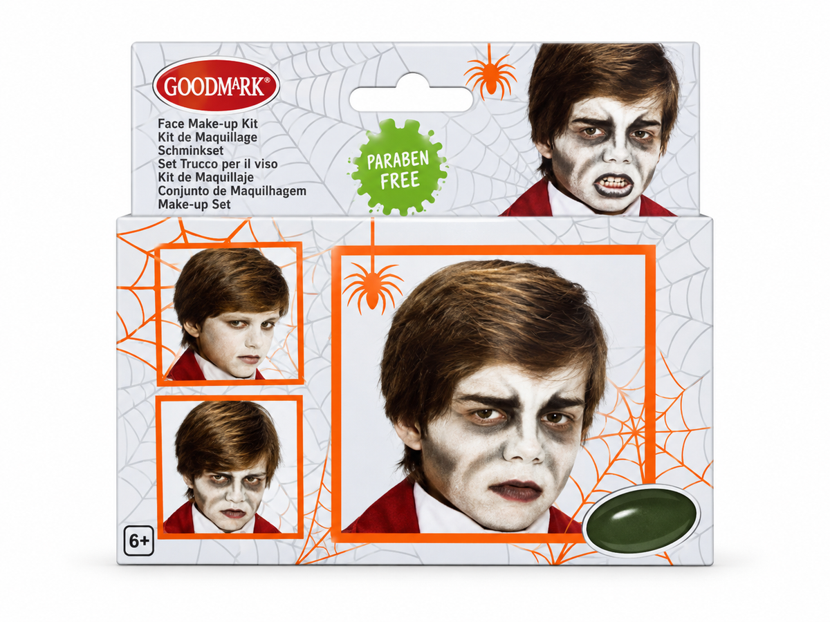 Kit maquillage vampire Halloween Goodmark avec exemples de maquillage blanc et noir pour le visage, emballage sur fond blanc.