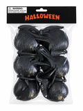 Lot de 6 mini chaudrons noirs Halloween avec anses, emballés dans un sachet transparent sur fond blanc.