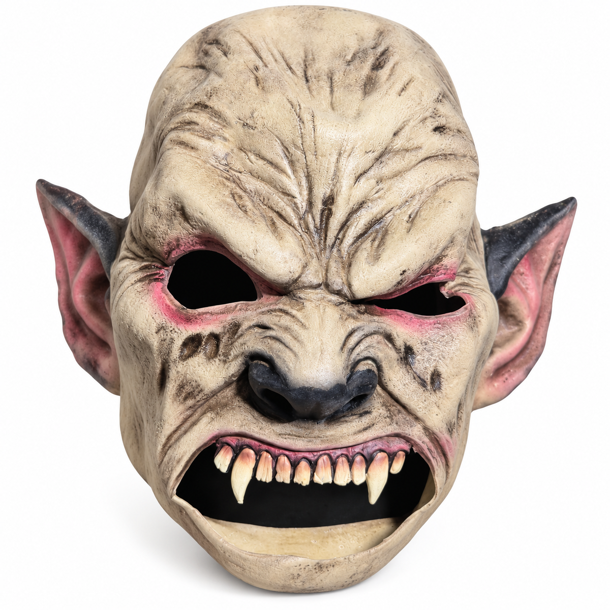 Masque de gobelin beige avec grandes oreilles pointues, front plissé et longues canines