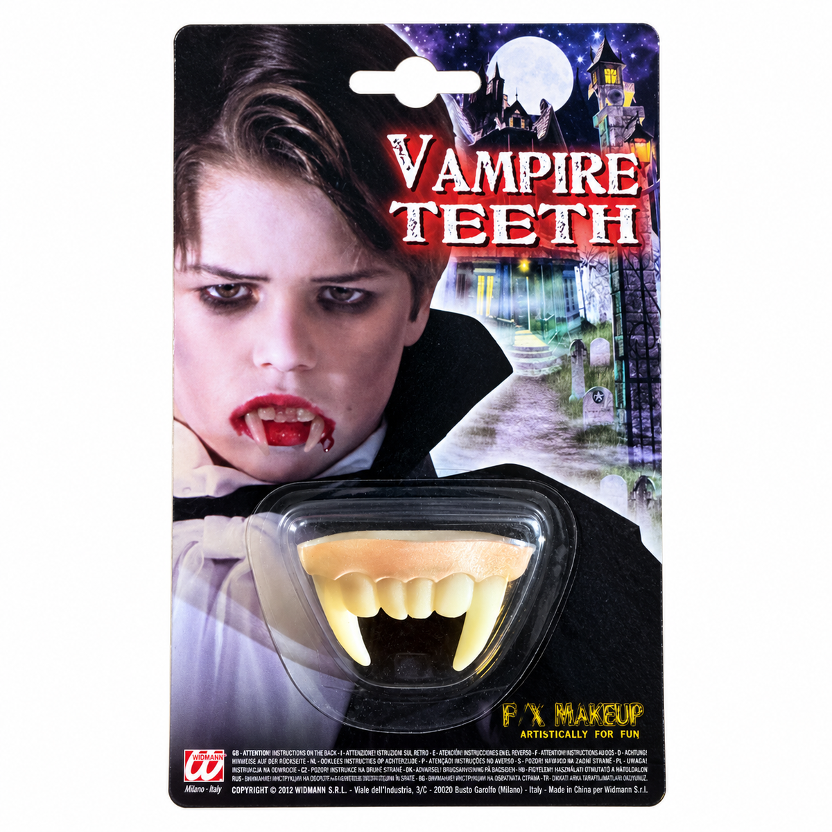 Dentier de vampire Widmann avec deux longues canines sous blister pour déguisement Halloween